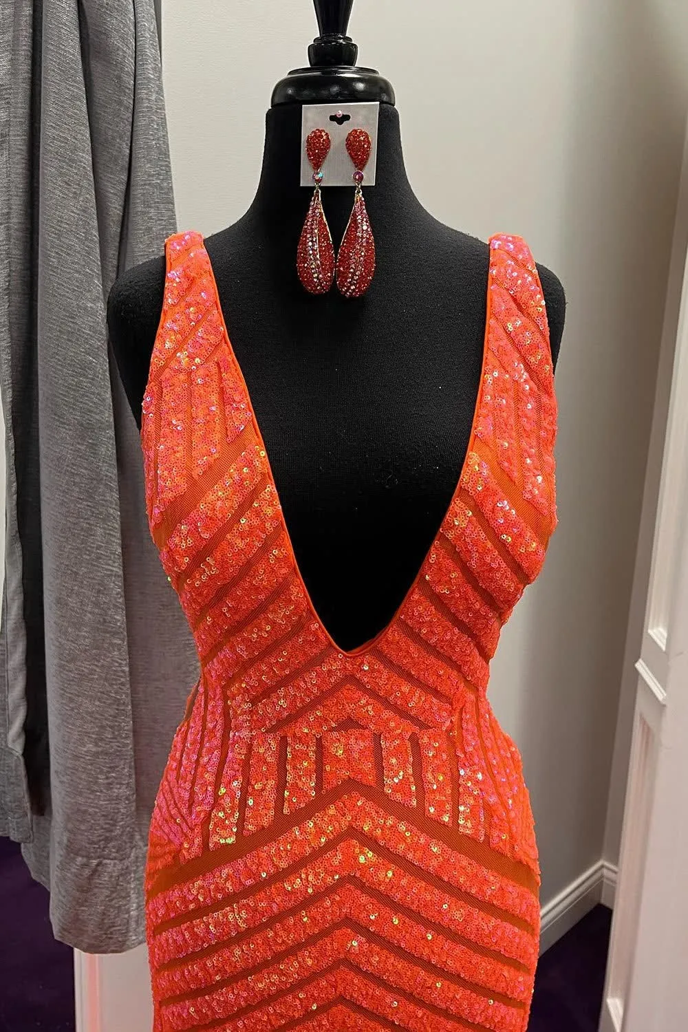 Orange Sparkly Deep V Neck Sequin Mermaid Prom Dress