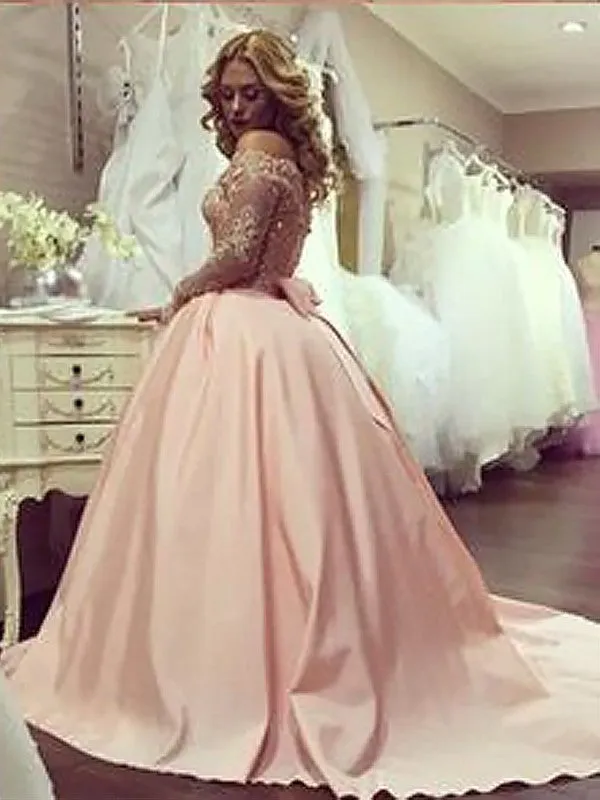 Pink Off Shoulder Long Sleeves Satin Beaded Long Ball Gown, Pink Prom, Formal