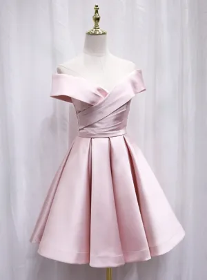 Pink Satin Off the Shoulder Pleats Homecoming Dress