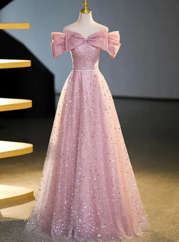 Pink Tulle Sequins Off the Shoulder Bow Prom Dress