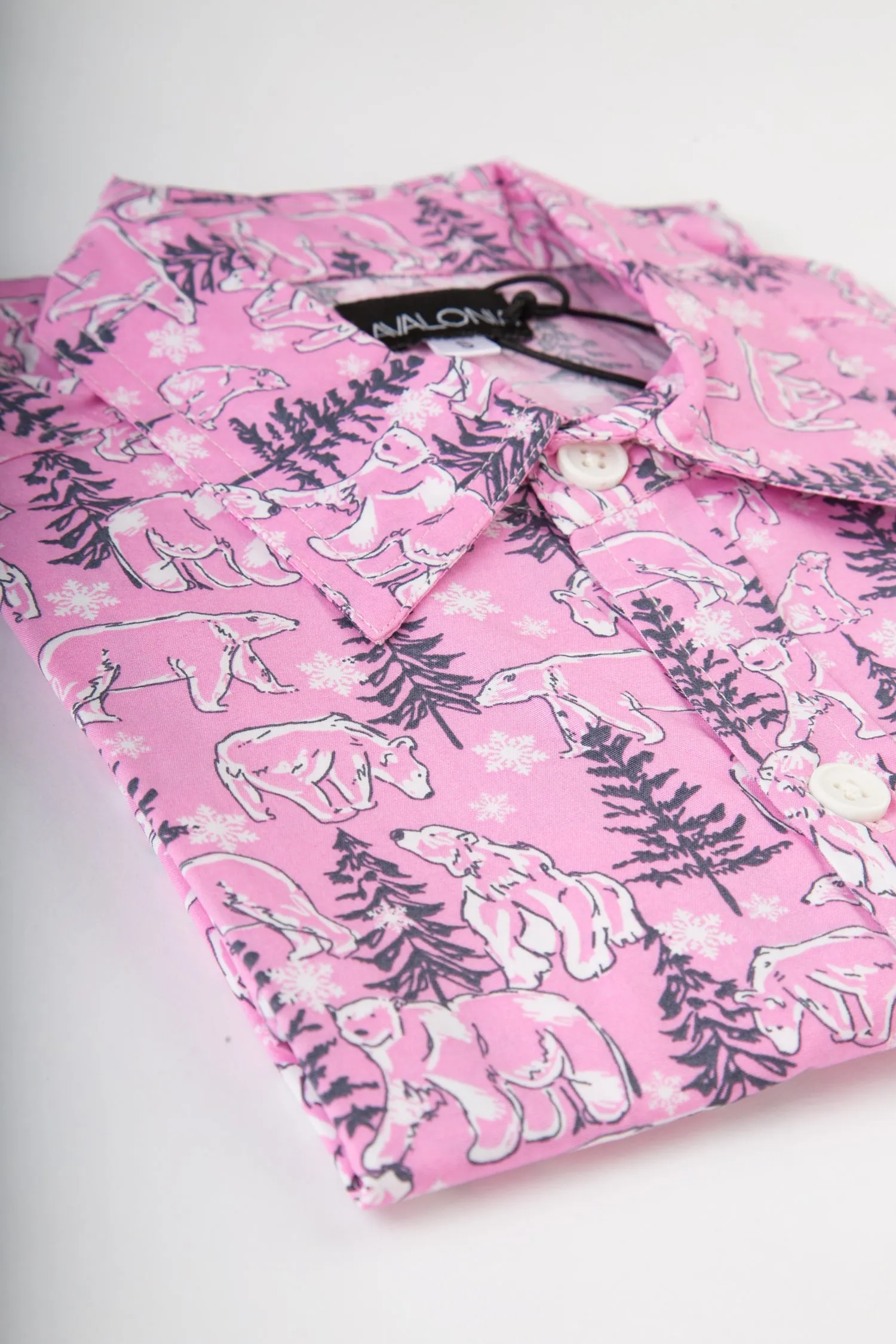 Polar Bear Pink Print Cotton Slim Fit Mens Shirt Long Sleeve