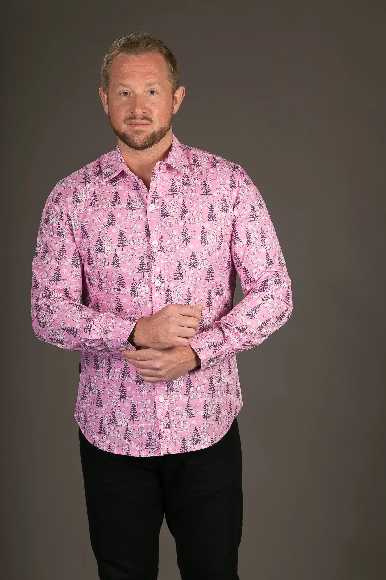 Polar Bear Pink Print Cotton Slim Fit Mens Shirt Long Sleeve