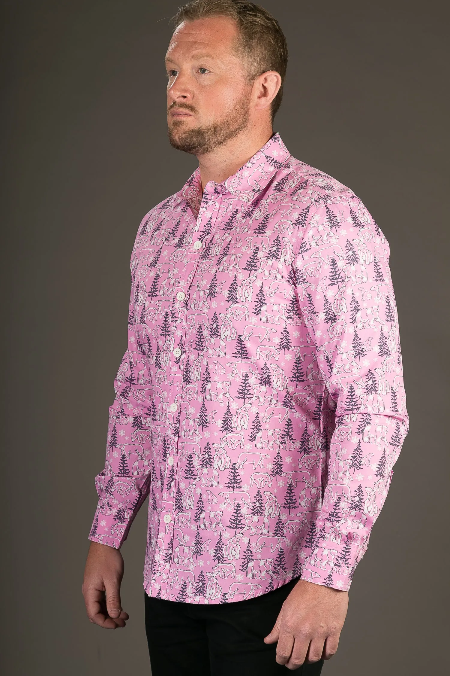 Polar Bear Pink Print Cotton Slim Fit Mens Shirt Long Sleeve