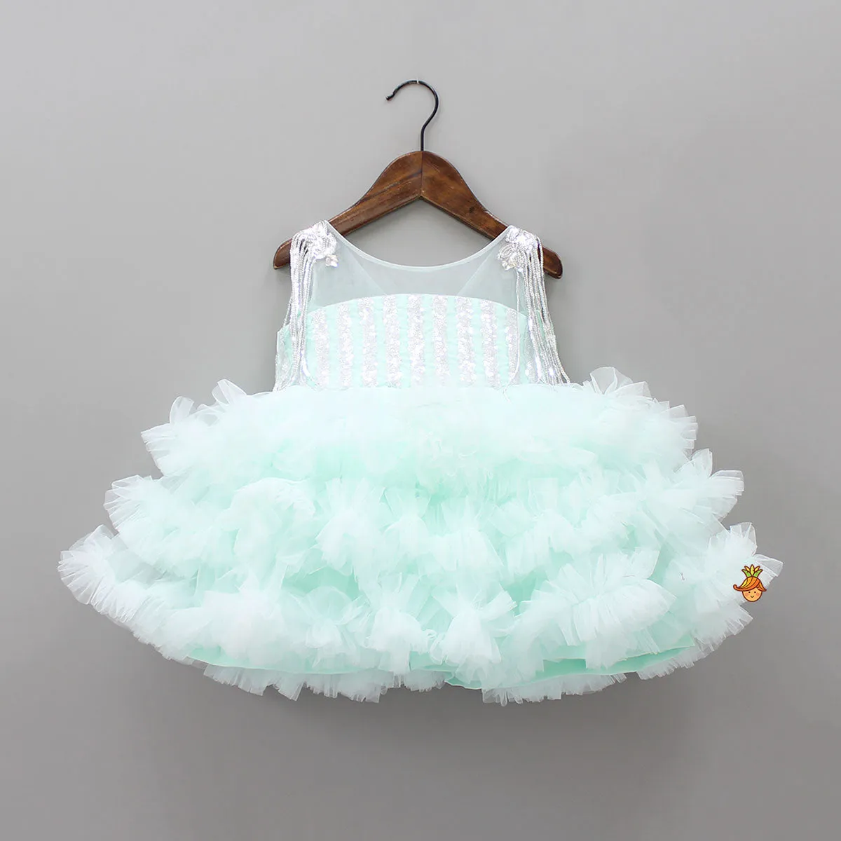 Pre Order: Blue Ruffle And Sequin Dress With Hair Clip