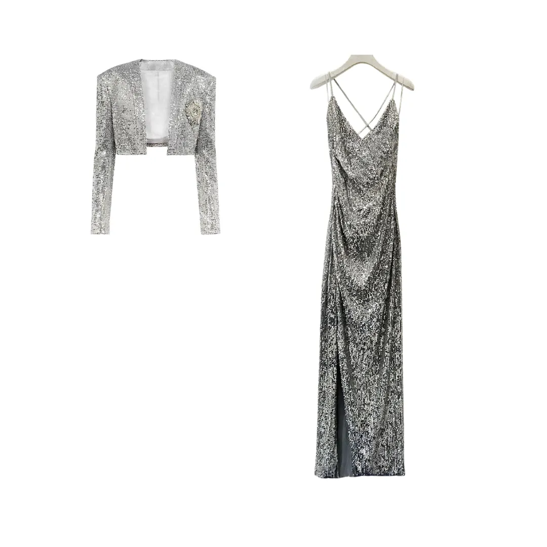 Pre Order:  Classic Sequined Cropped Jacket   Strappy Maxi Dress