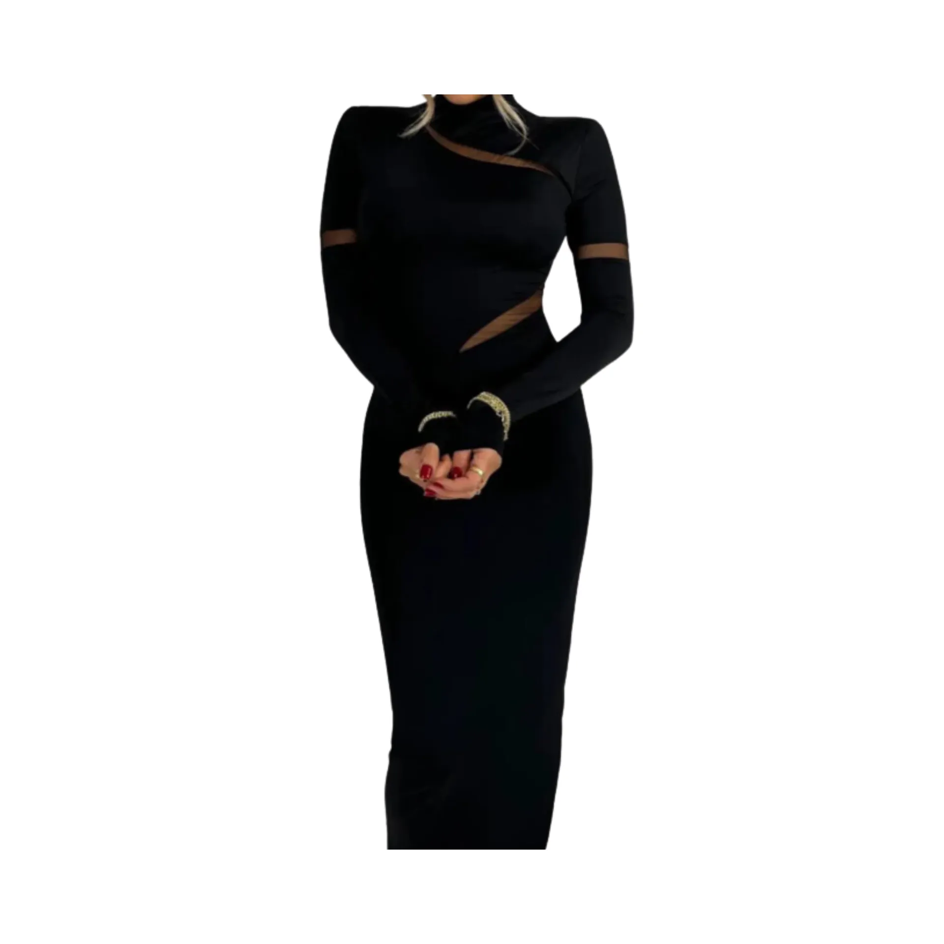 Pre Order:  Hollow Out Stand Collar Long Sleeve Bodycon Dress