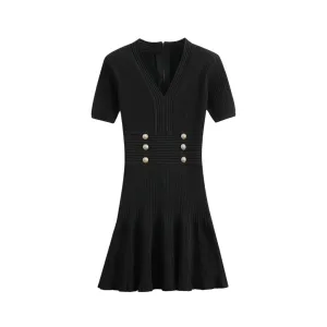 Pre Order:  V-Neck Waist Cinched Knitted Dress