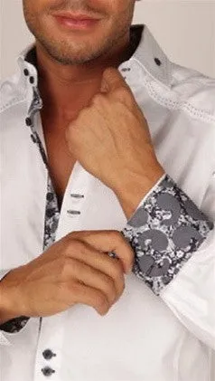 Preview Mens White Dress Shirt w/ Grey Pattern Contrast