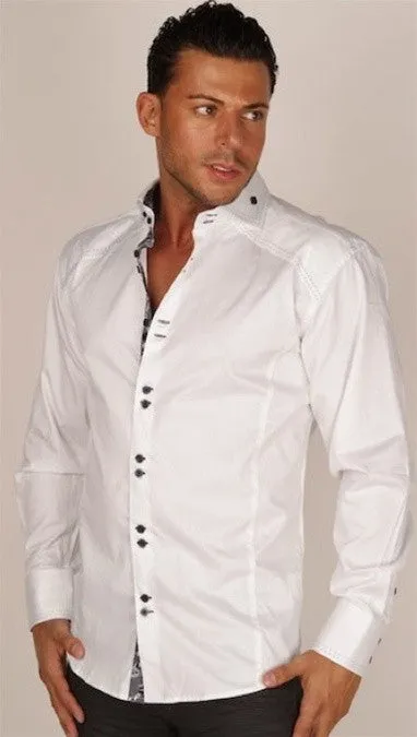 Preview Mens White Dress Shirt w/ Grey Pattern Contrast