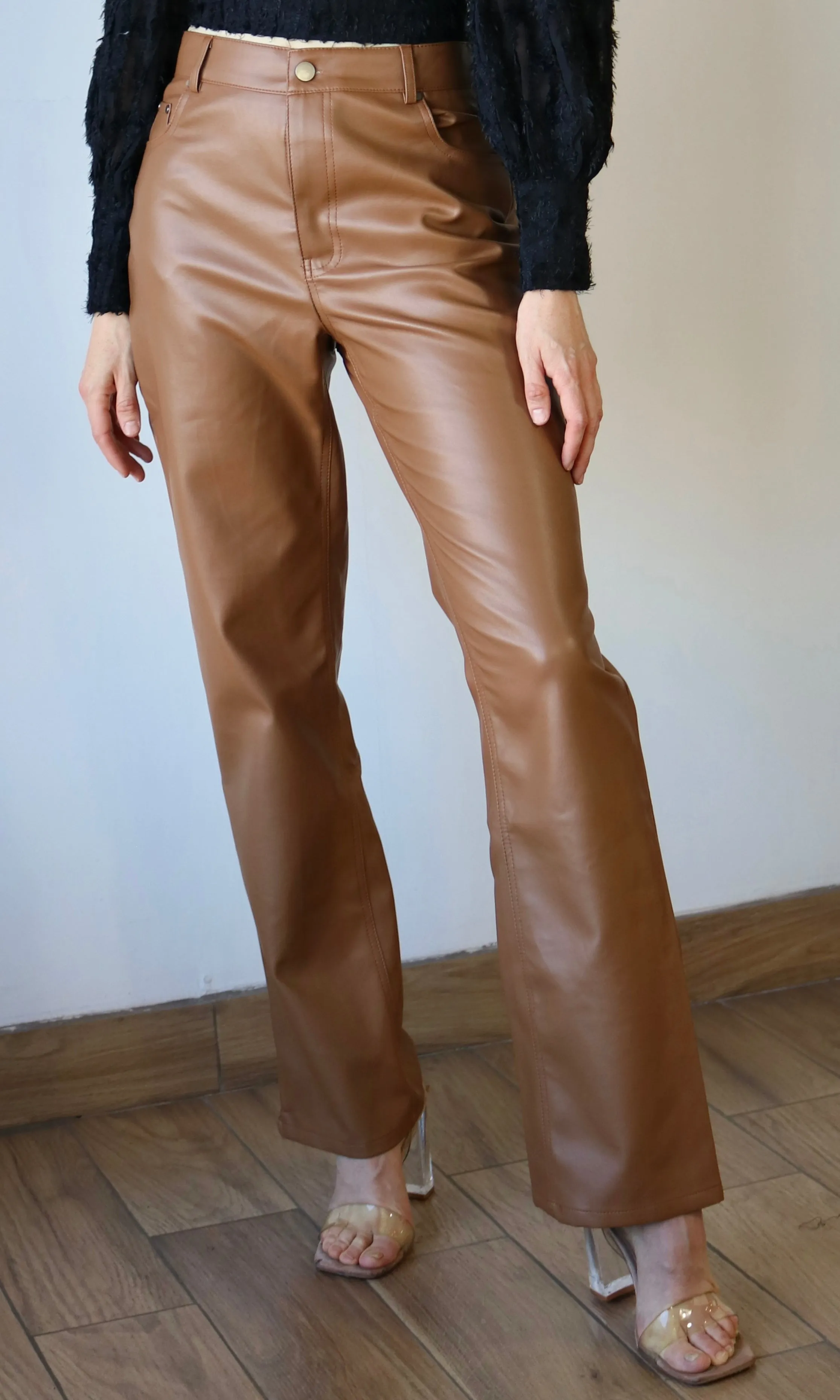 Pu High-Waist Straight Pants