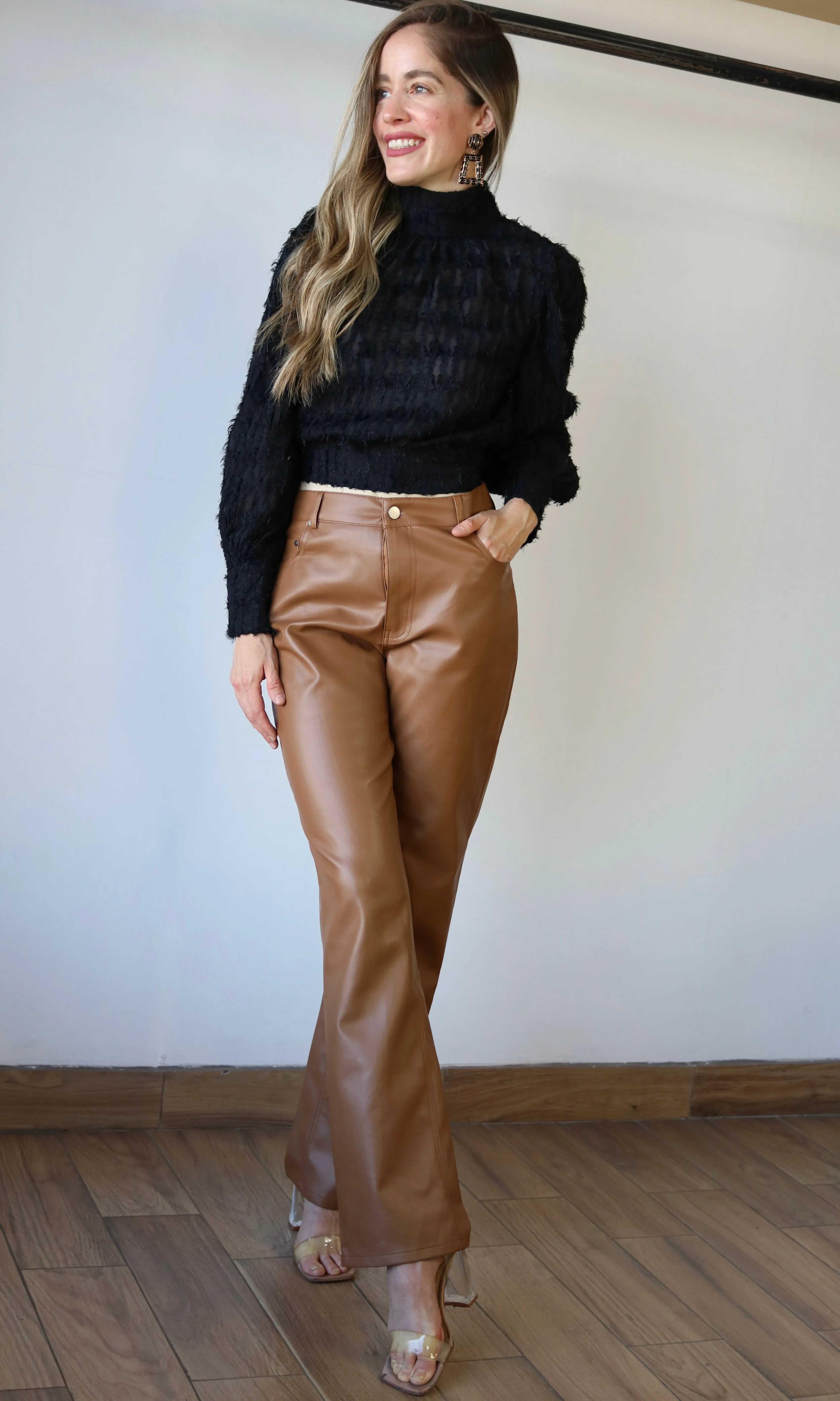 Pu High-Waist Straight Pants