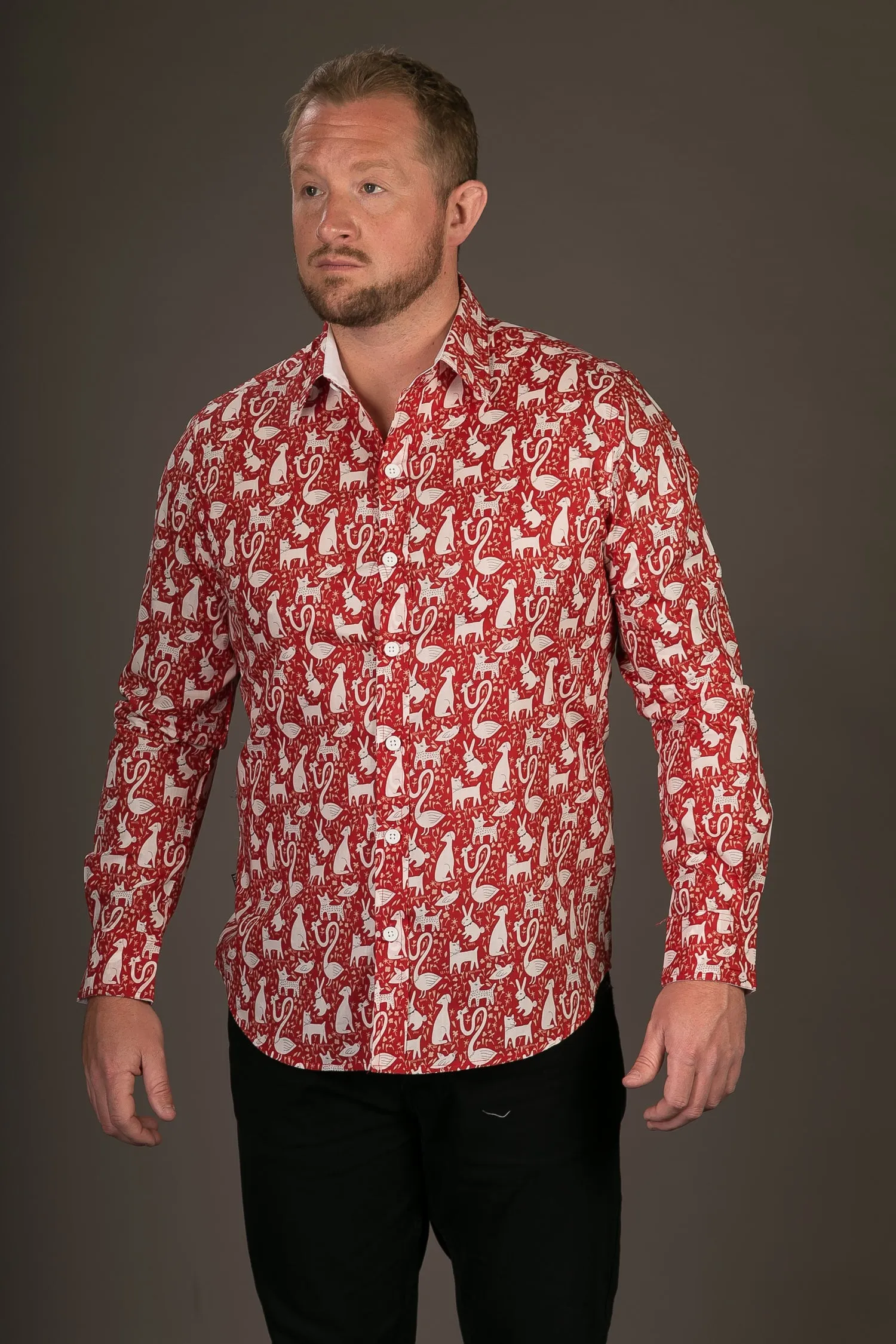 Red Rabbit Dog Swan Print Cotton Slim Fit Mens Shirt Long Sleeve