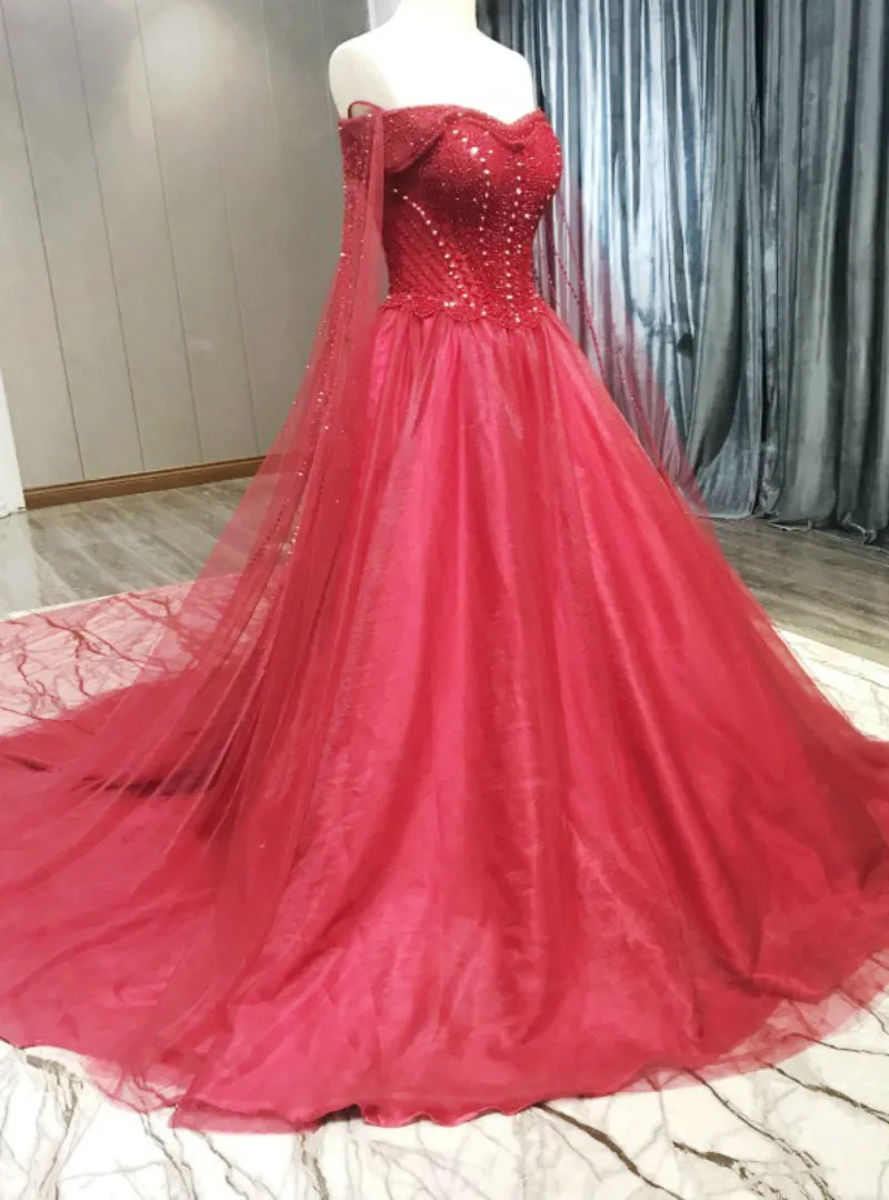 Red Tulle Off The Shoulder Beading Wedding Dress