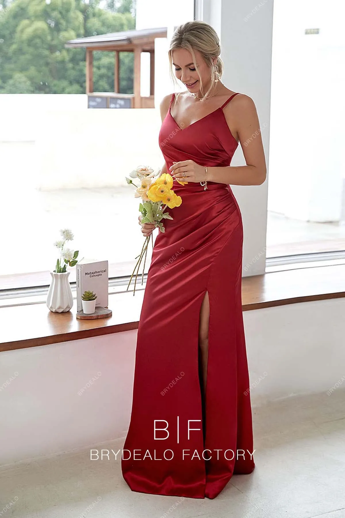 Red V-neck Thin Strap Slit Ruched Fit and Flare Satin Dress