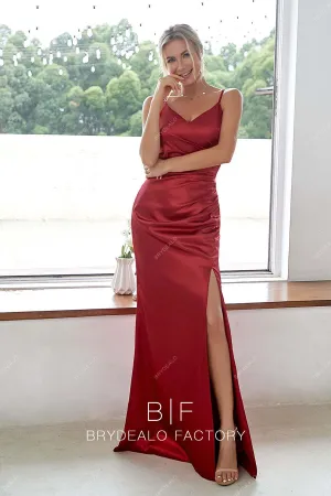 Red V-neck Thin Strap Slit Ruched Fit and Flare Satin Dress