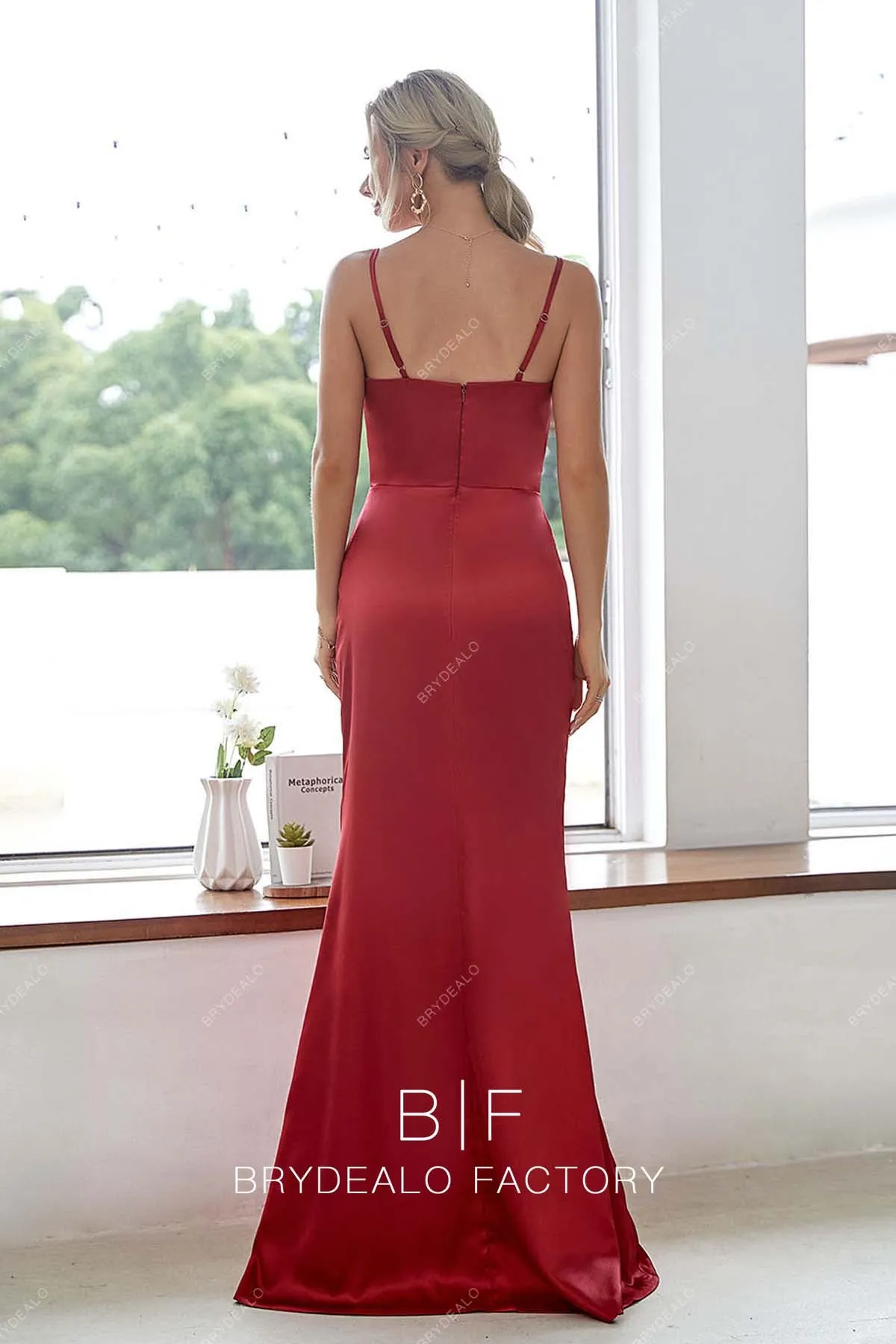 Red V-neck Thin Strap Slit Ruched Fit and Flare Satin Dress