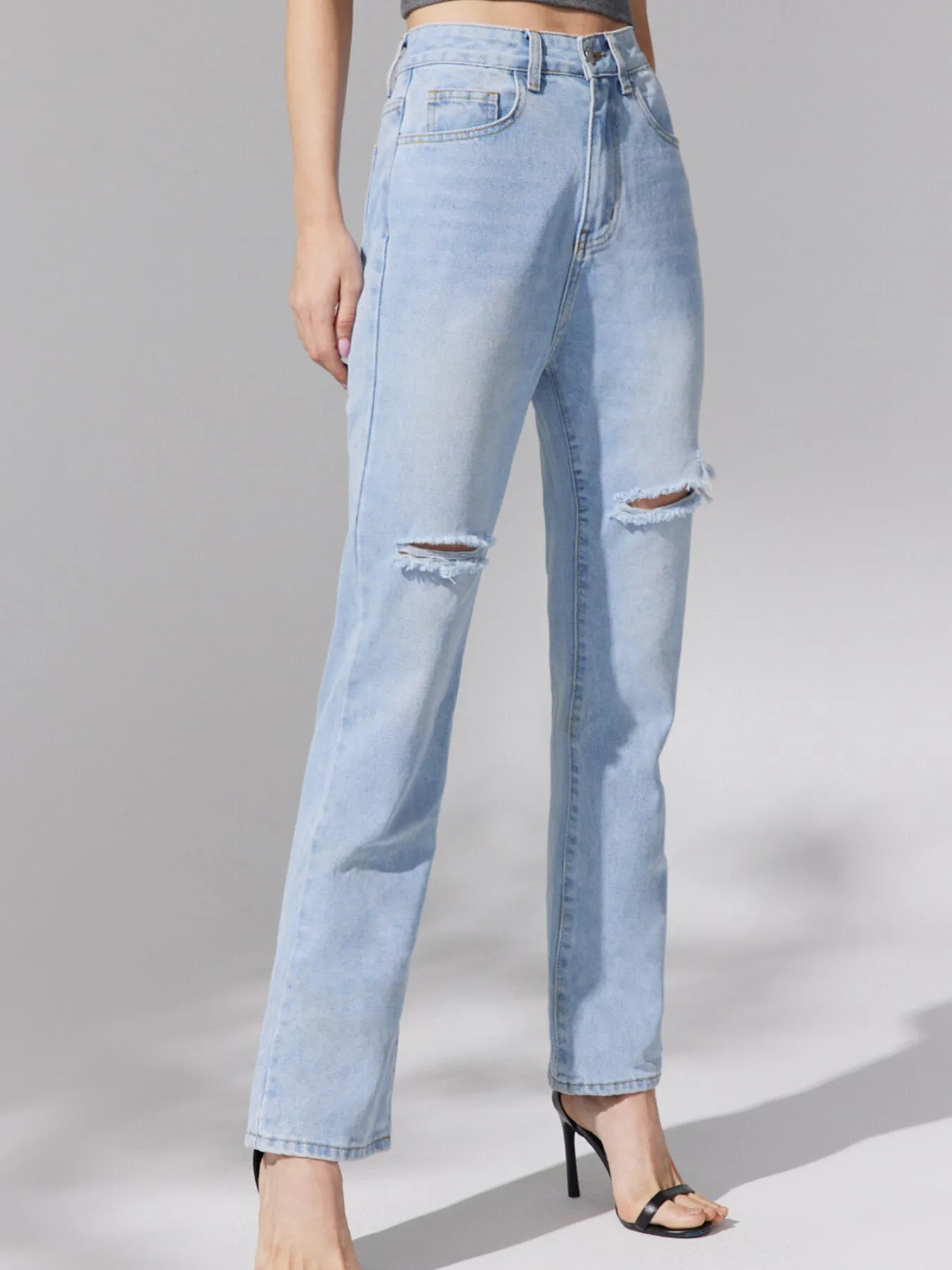 Ripped Straight Leg High Waist Denim Jeans