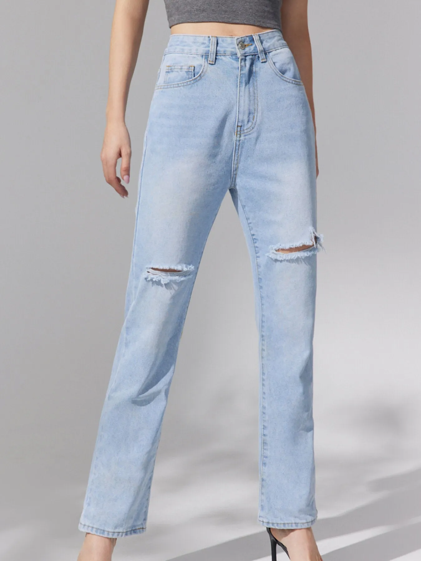 Ripped Straight Leg High Waist Denim Jeans