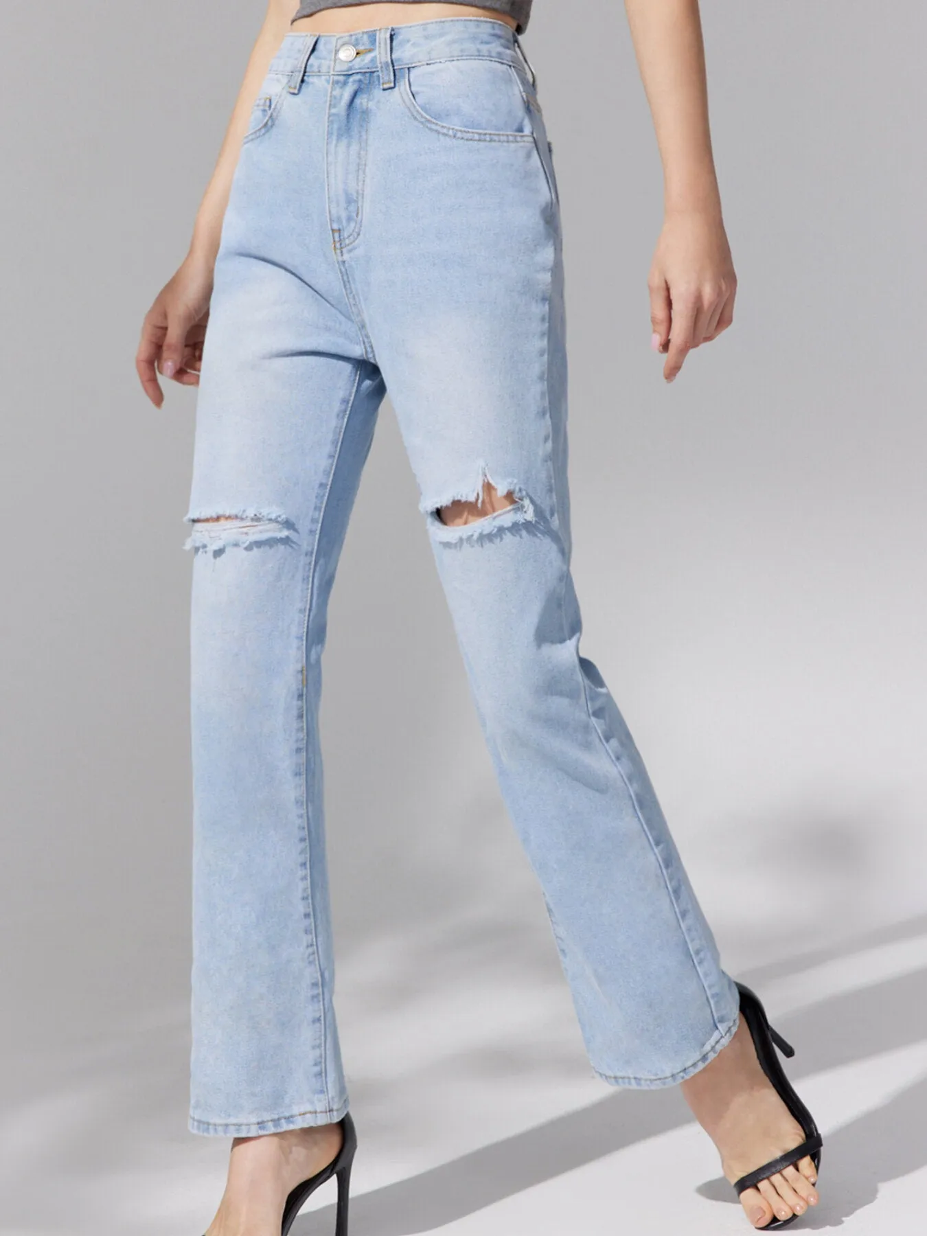 Ripped Straight Leg High Waist Denim Jeans