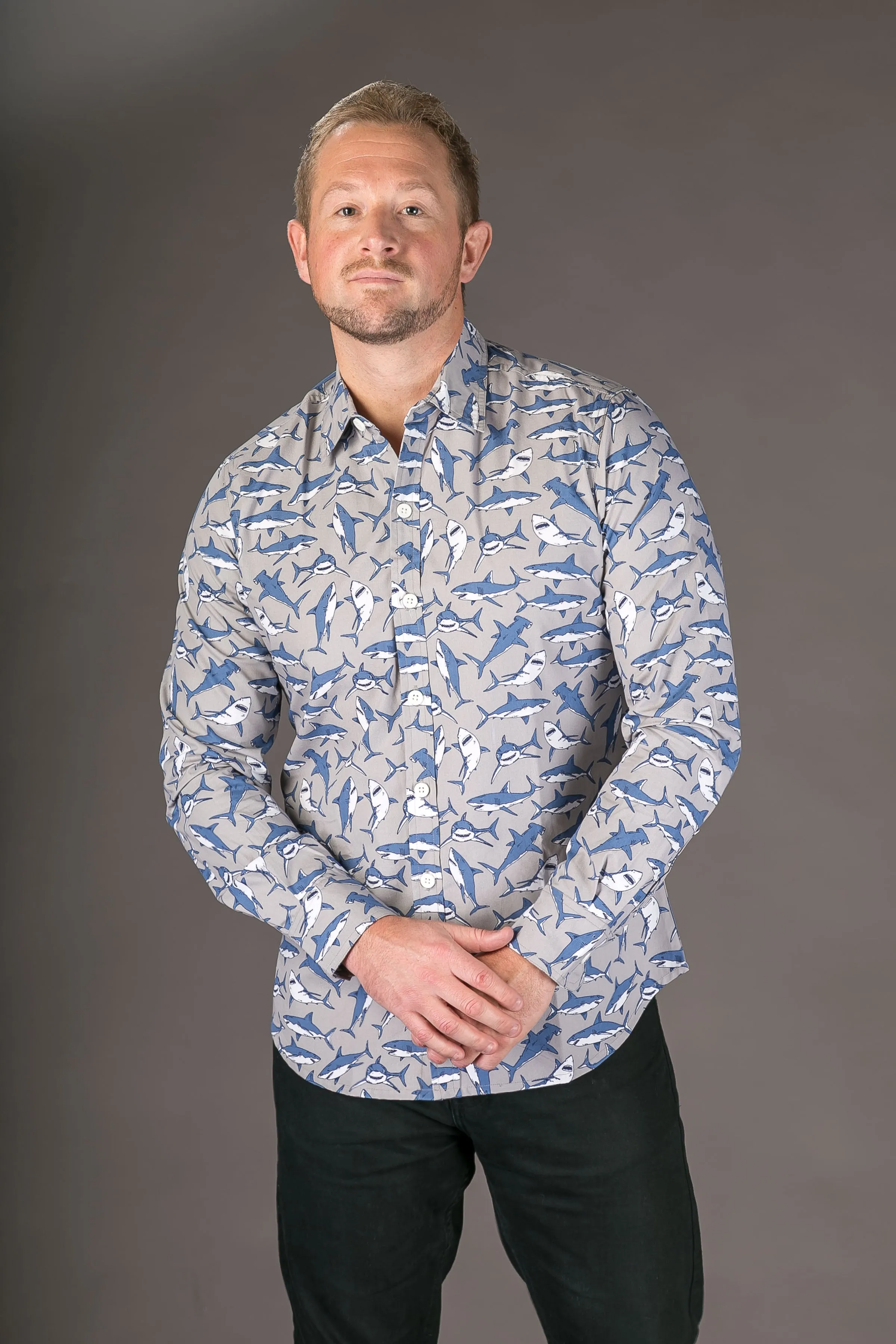 Shark Grey Blue Print Cotton Slim Fit Mens Shirt Long Sleeve