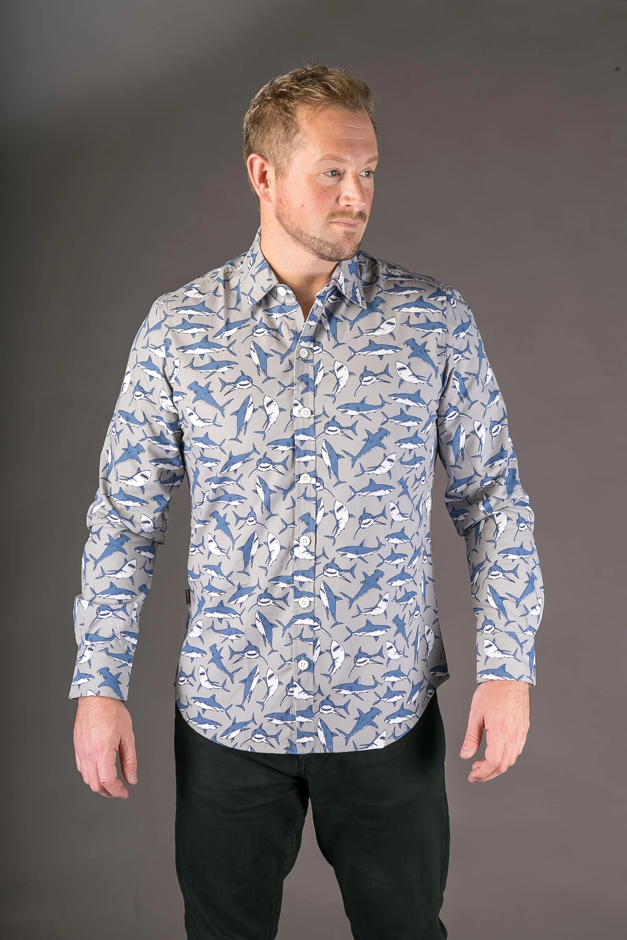 Shark Grey Blue Print Cotton Slim Fit Mens Shirt Long Sleeve