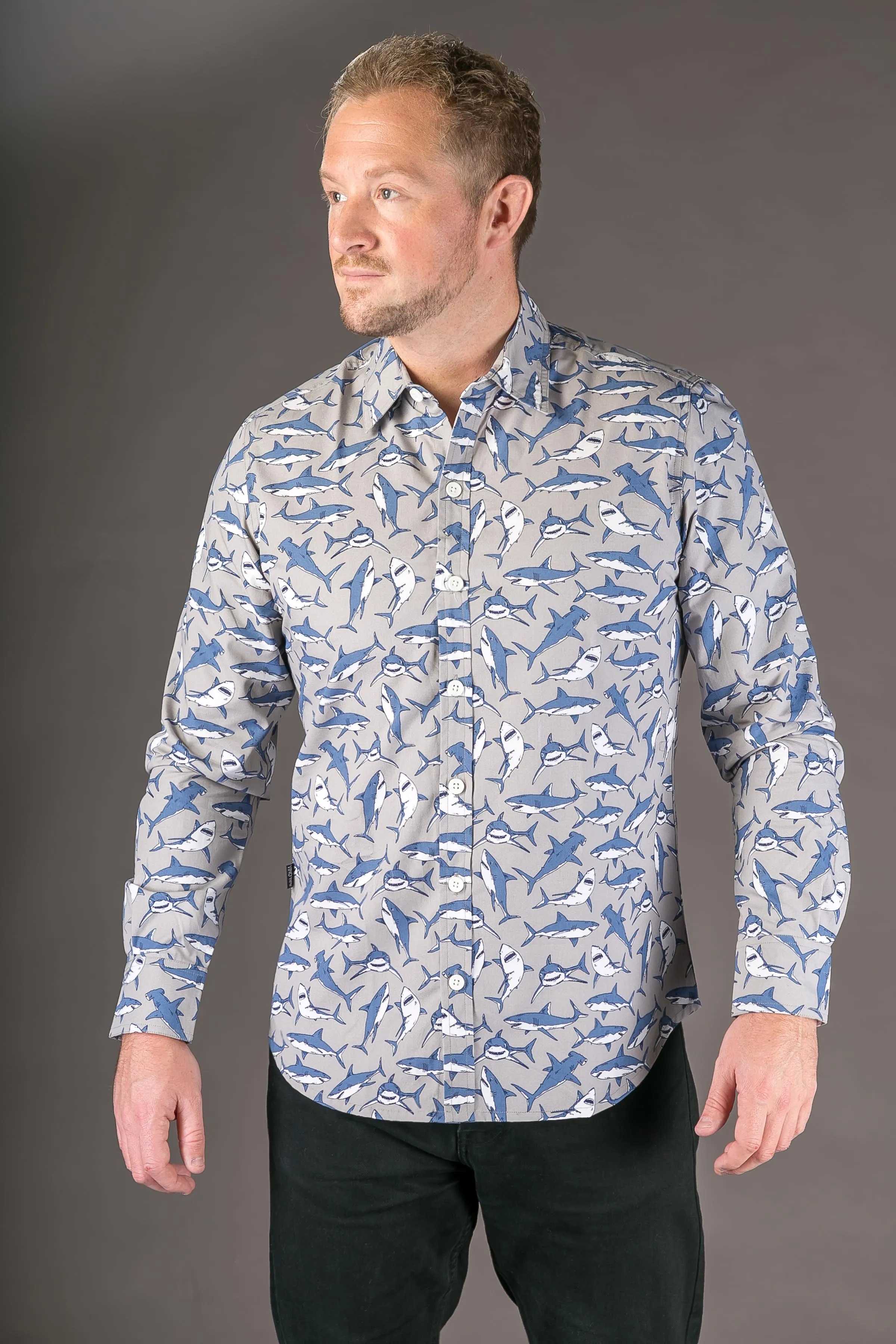 Shark Grey Blue Print Cotton Slim Fit Mens Shirt Long Sleeve