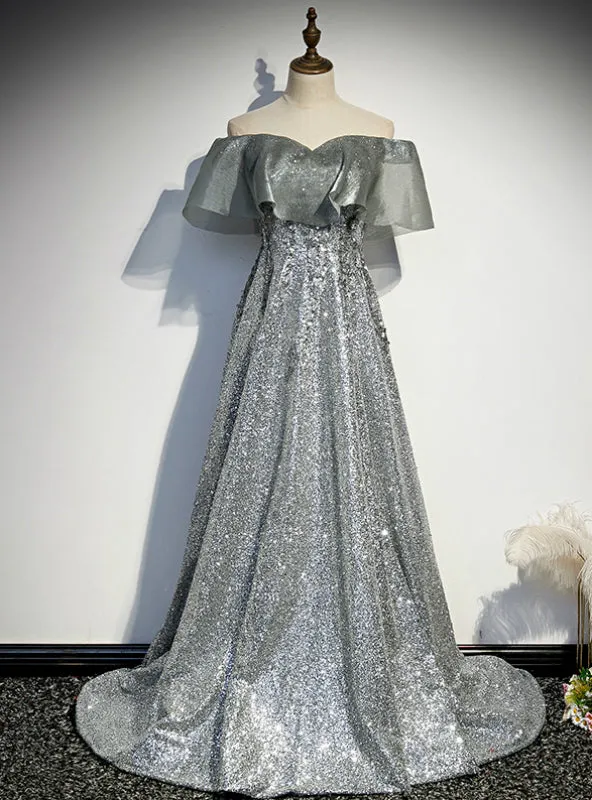 Silver Gray Sequins Off the Shoulder Prom Dress