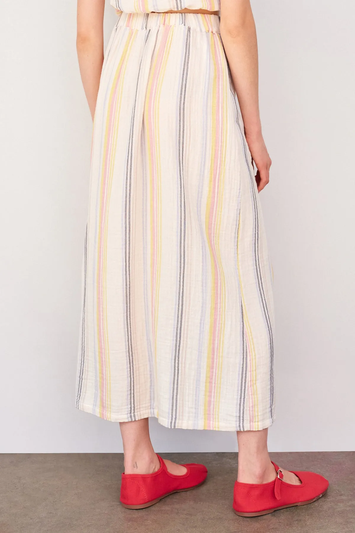 Sundry Long Skirt with Slit in Cream/Multi Stripes