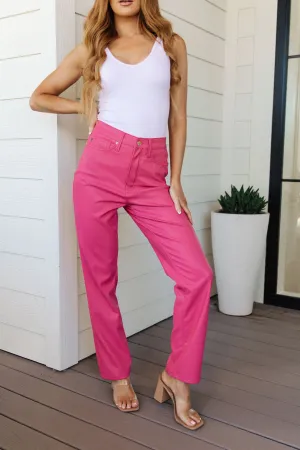 Tanya Tummy Control Faux Leather Pants in Hot Pink