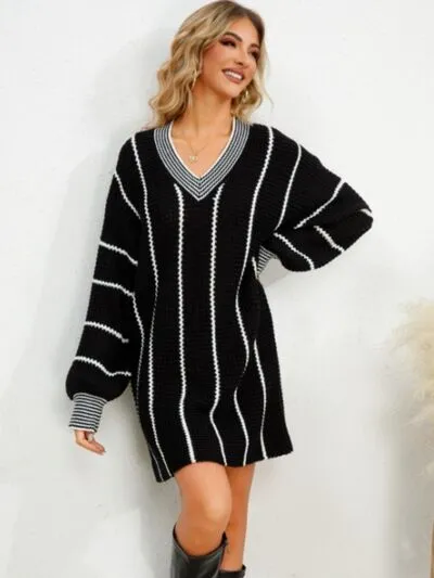 TEEK - Black Striped V-Neck Mini Dress