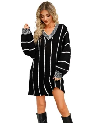 TEEK - Black Striped V-Neck Mini Dress