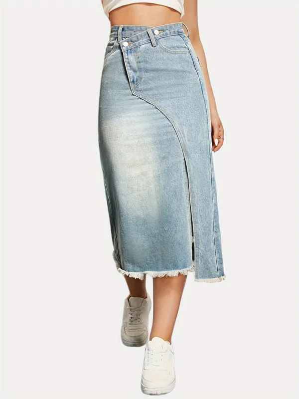 TEEK - Clear Blue Retro Denim Slit Mid-Length Skirt