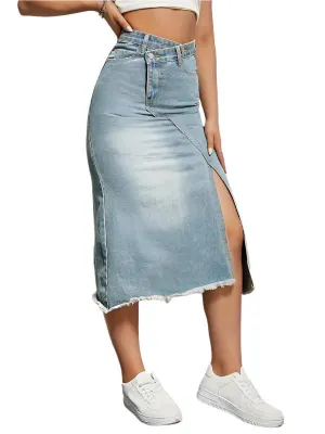 TEEK - Clear Blue Retro Denim Slit Mid-Length Skirt