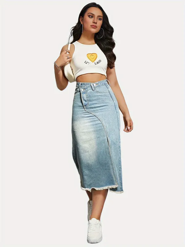 TEEK - Clear Blue Retro Denim Slit Mid-Length Skirt