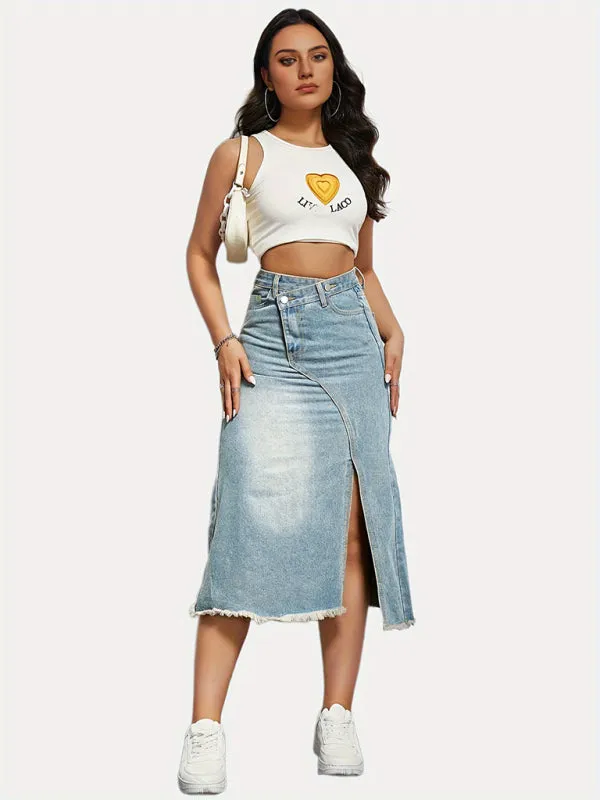 TEEK - Clear Blue Retro Denim Slit Mid-Length Skirt