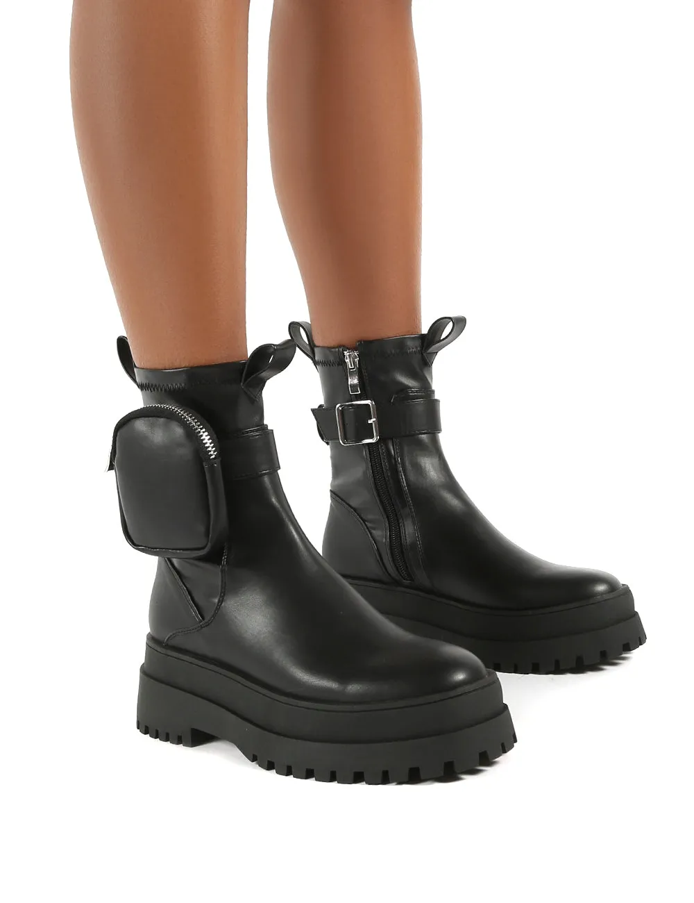 Thought Black Pu Pocket Chunky Sole Ankle Boot