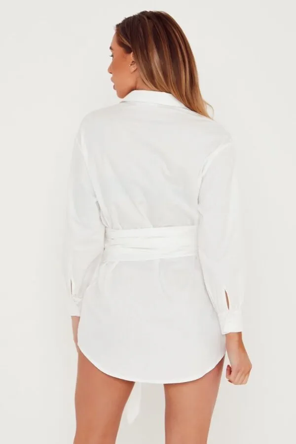 Twill Wrap Tie Waist Shirt Dress White