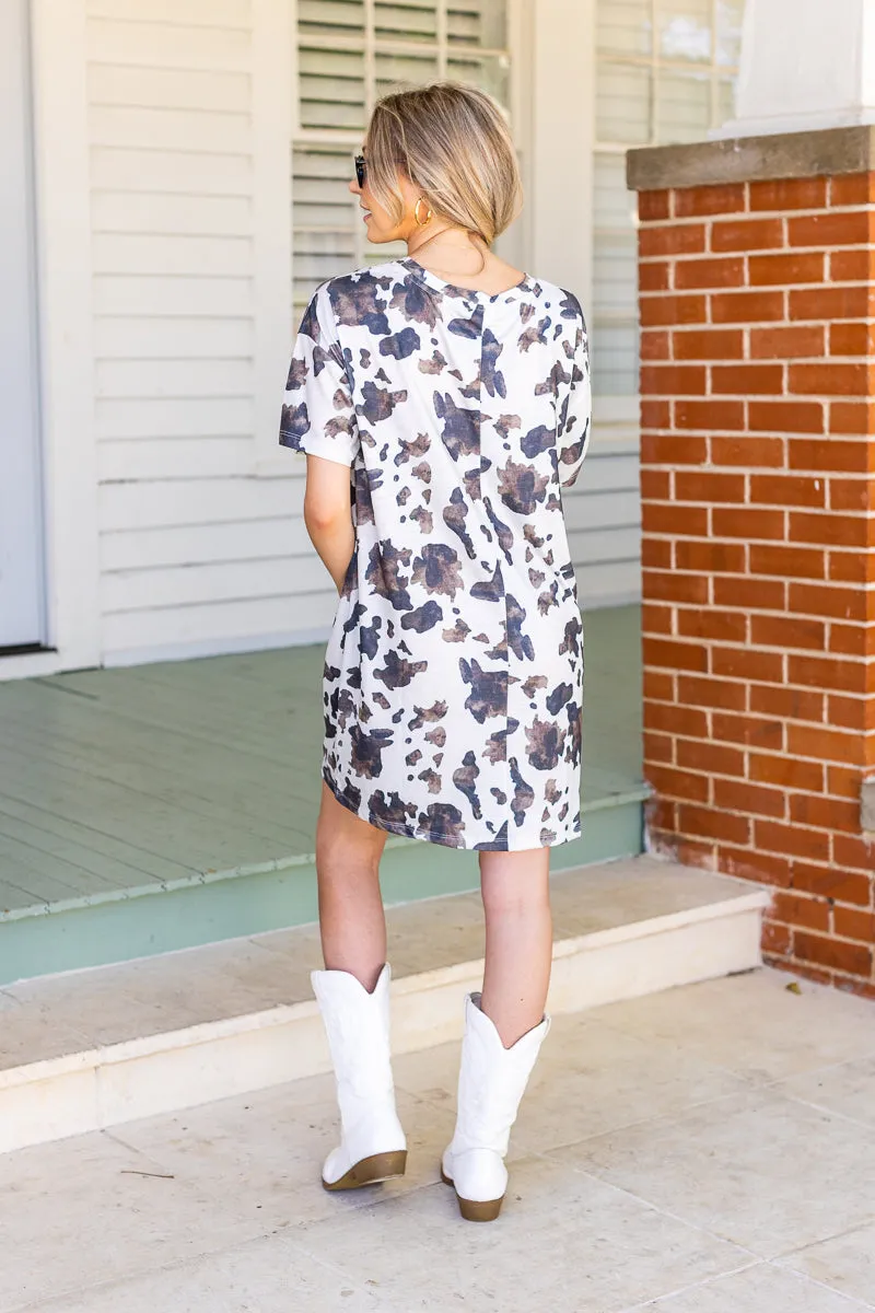 white and brown cow print tee shirt dress