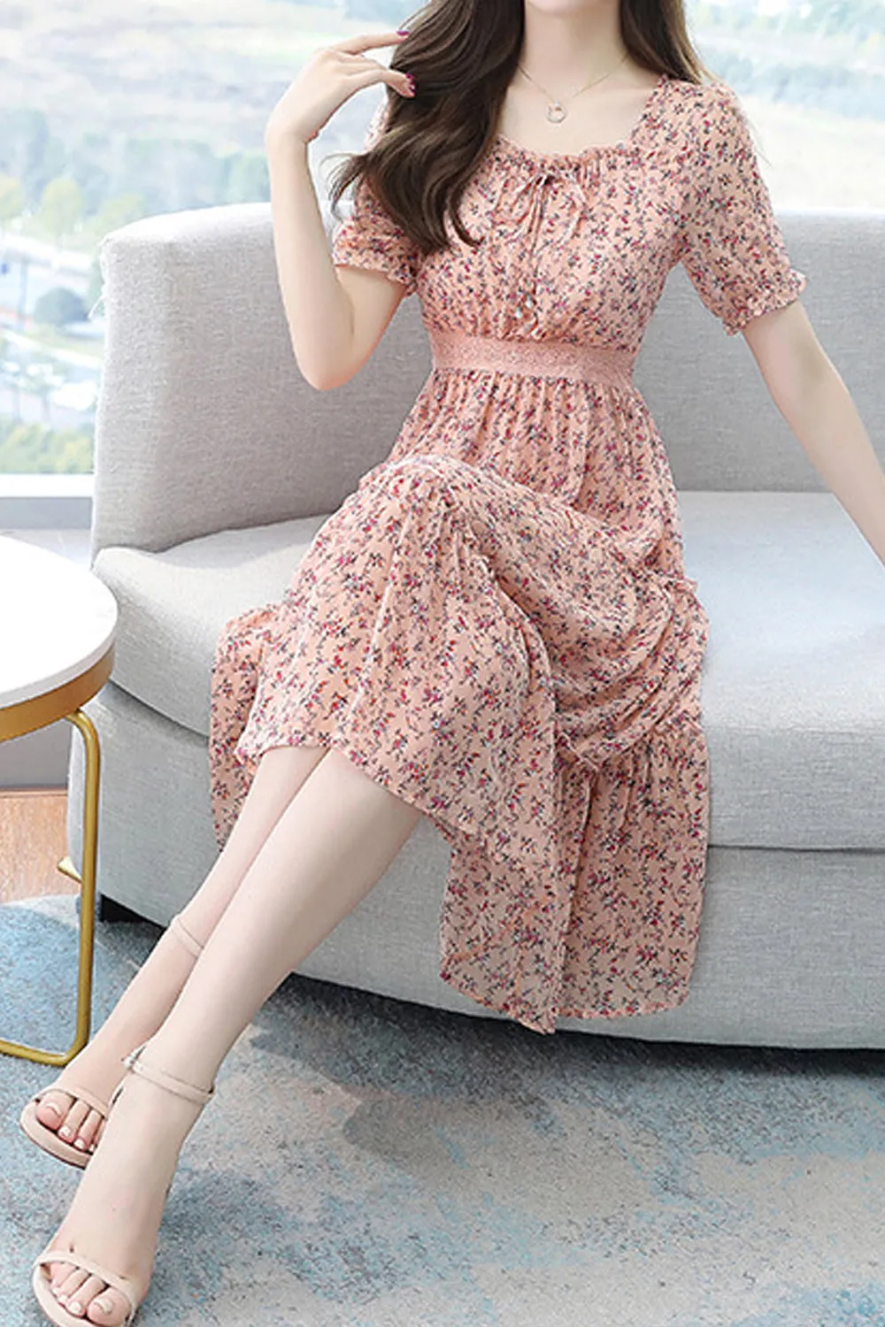 Women Beautiful Floral Pattern Square Neck Short Sleeve Knee Length Chiffon Casual Dress - WDC14565