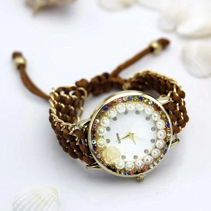 Women Hand-Knitted Fabric Rose Sparkly Rhinestone Wrist Watches