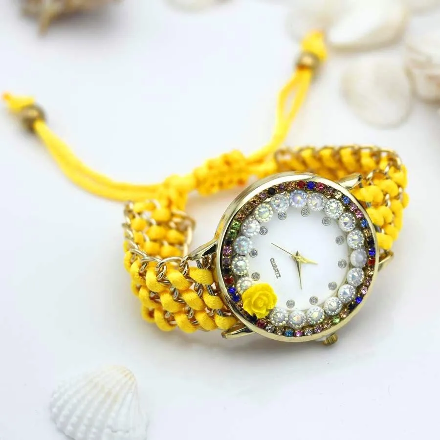 Women Hand-Knitted Fabric Rose Sparkly Rhinestone Wrist Watches