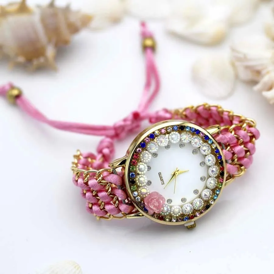 Women Hand-Knitted Fabric Rose Sparkly Rhinestone Wrist Watches