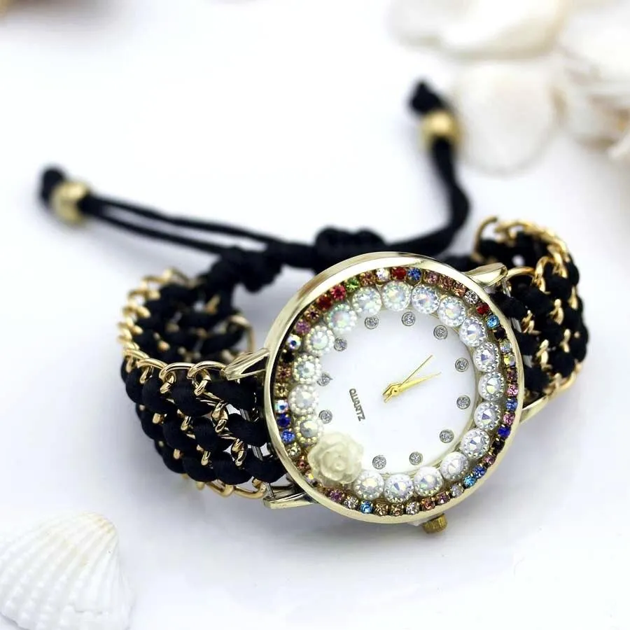 Women Hand-Knitted Fabric Rose Sparkly Rhinestone Wrist Watches