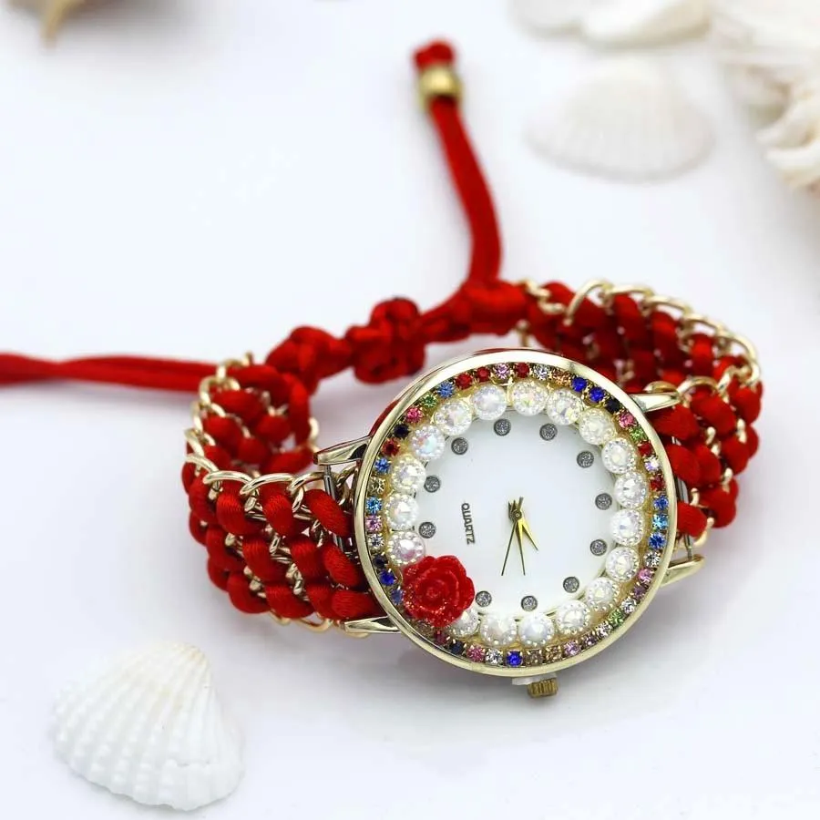 Women Hand-Knitted Fabric Rose Sparkly Rhinestone Wrist Watches