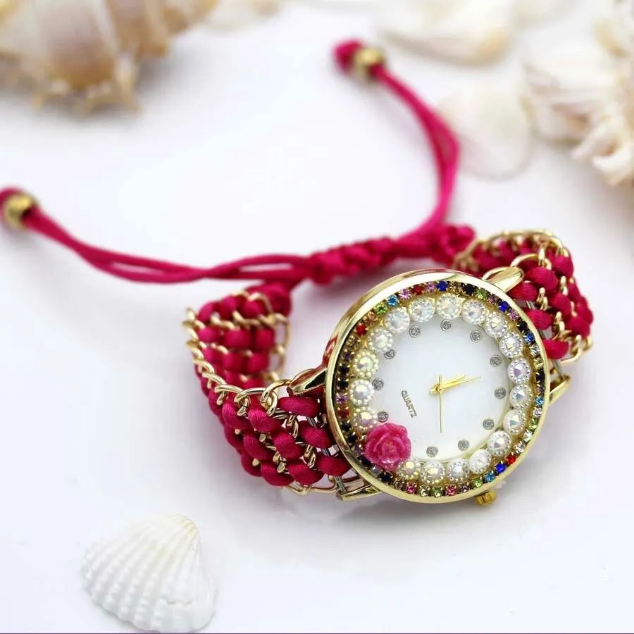 Women Hand-Knitted Fabric Rose Sparkly Rhinestone Wrist Watches