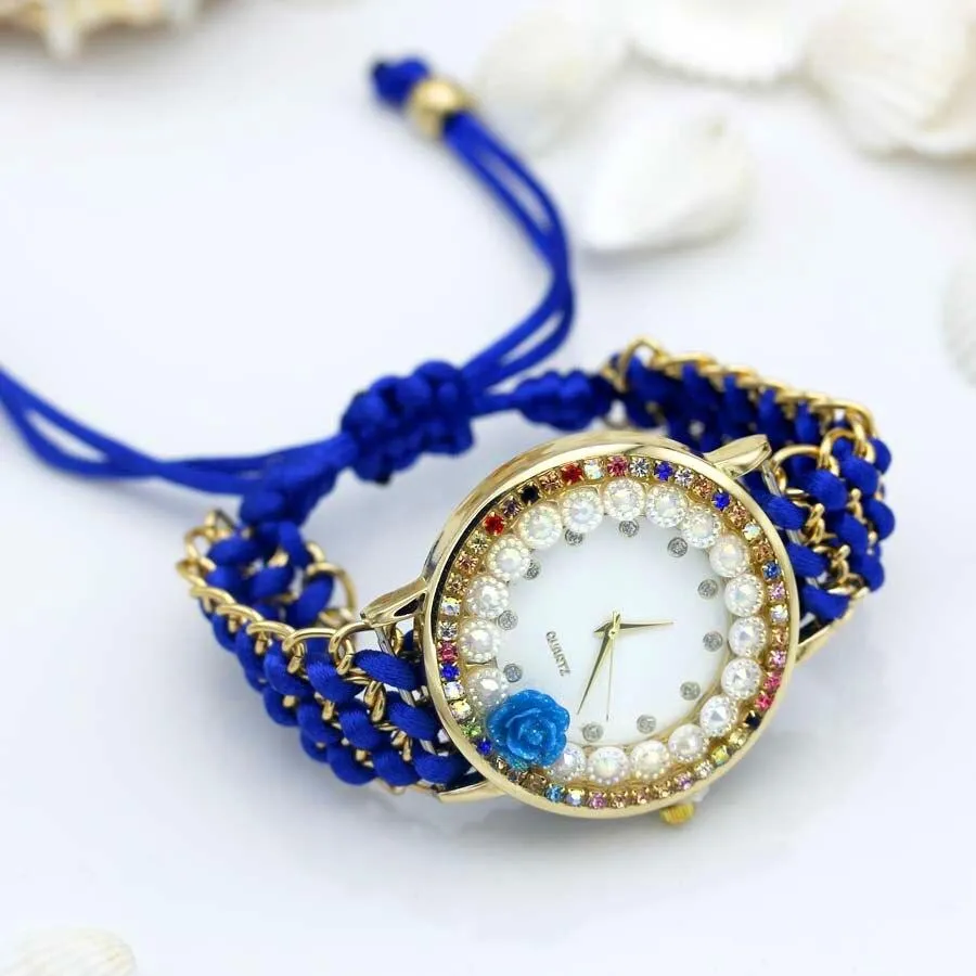 Women Hand-Knitted Fabric Rose Sparkly Rhinestone Wrist Watches