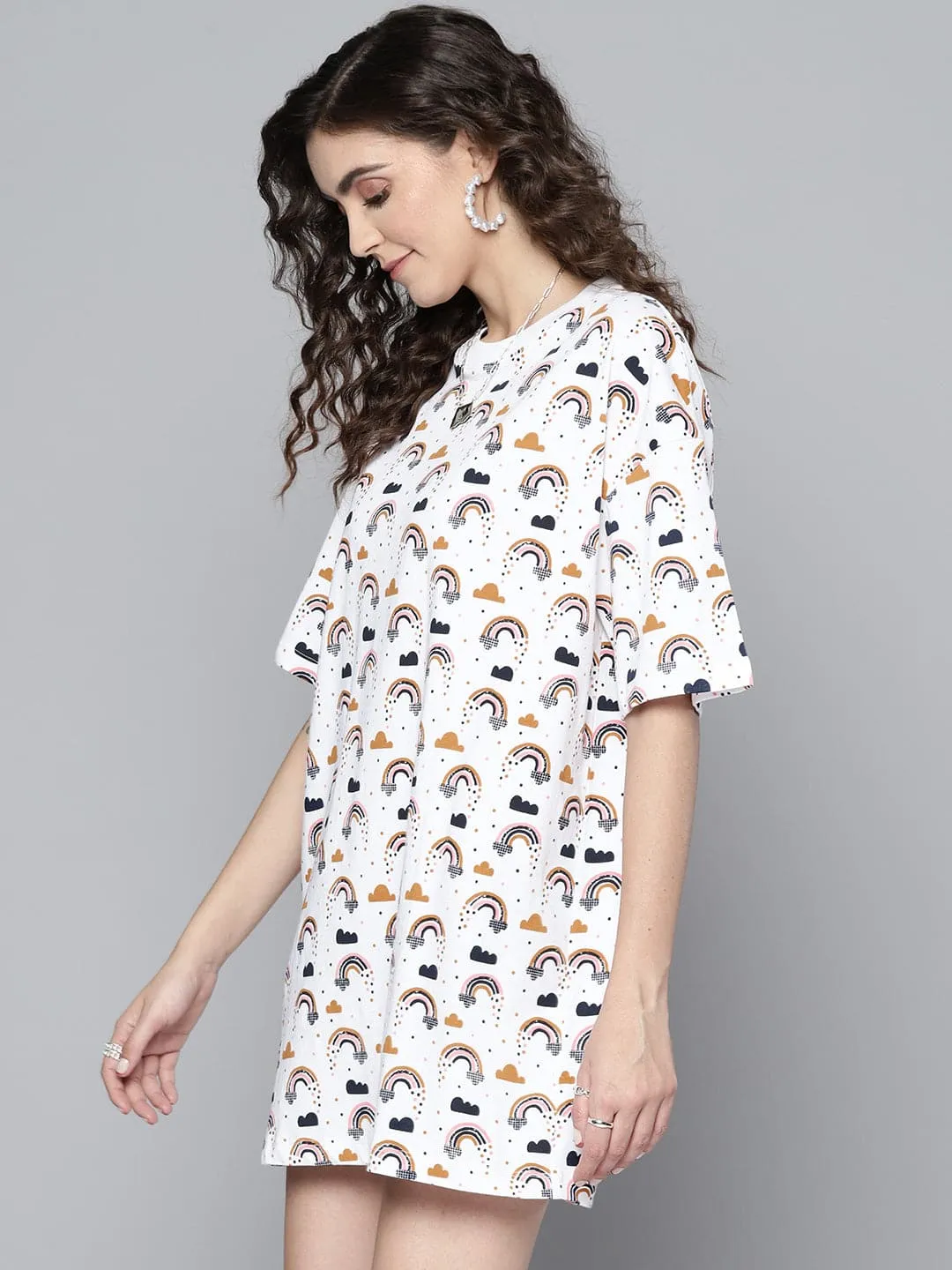 Women White Rainbow Print T-Shirt Dress