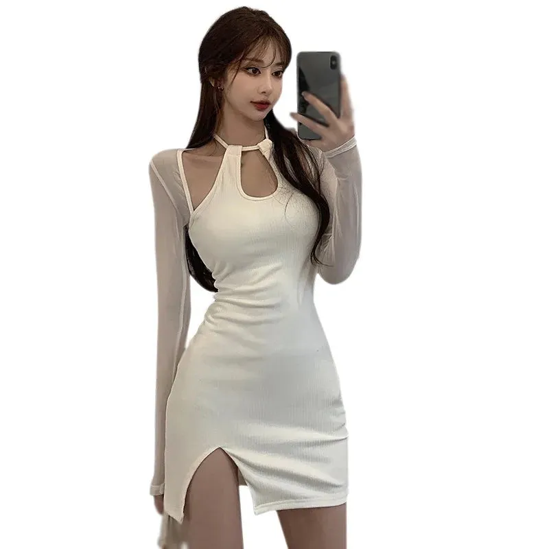 Women's Dress Slim Fit Long Sleeves Bodycon Slim Sexy Halter Mesh Splicing Hollow Out Sexy Split Long-Sleeved Bodycon Dress