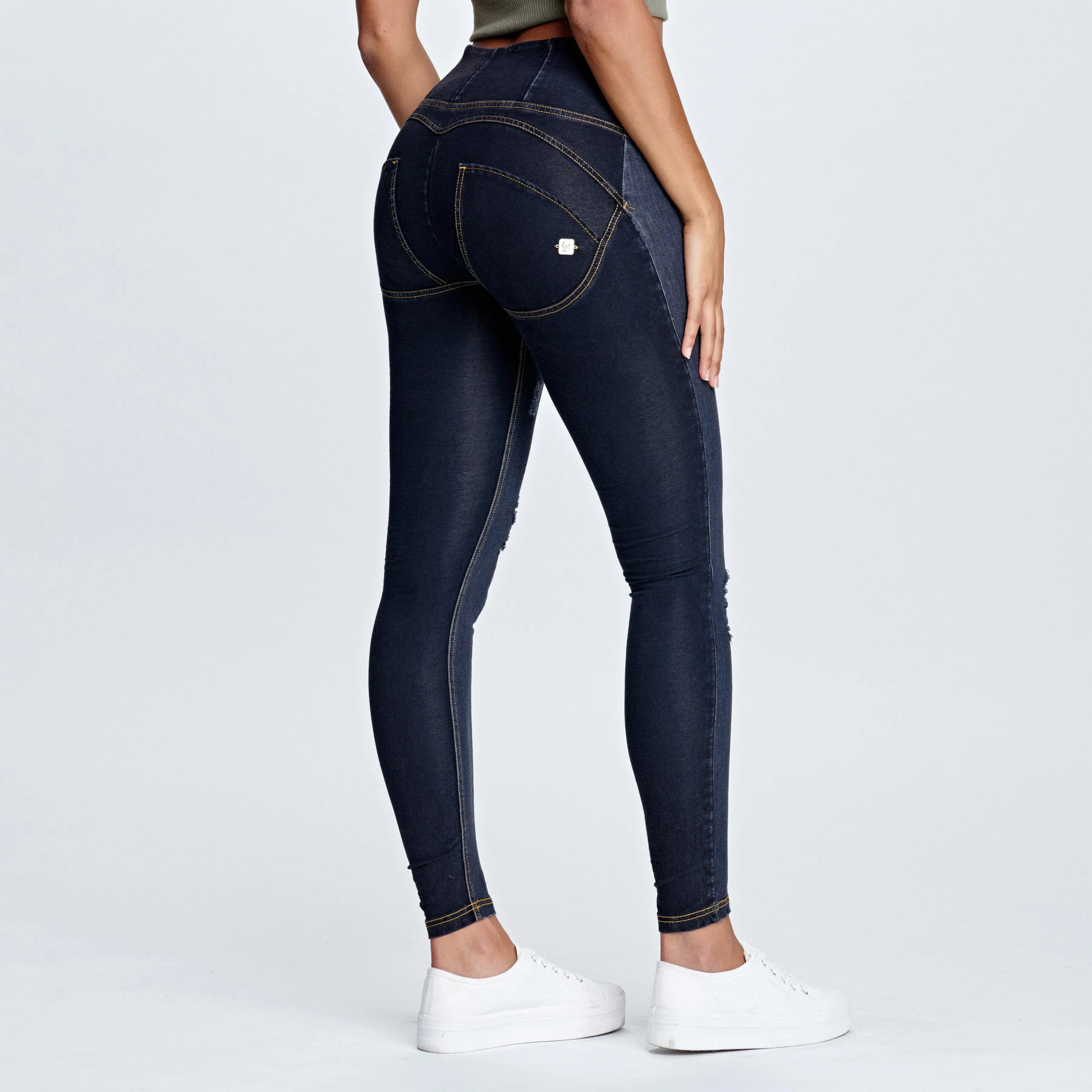 WR.UP® Distressed Denim - High Waist - Full Length - Black   Yellow Stitching