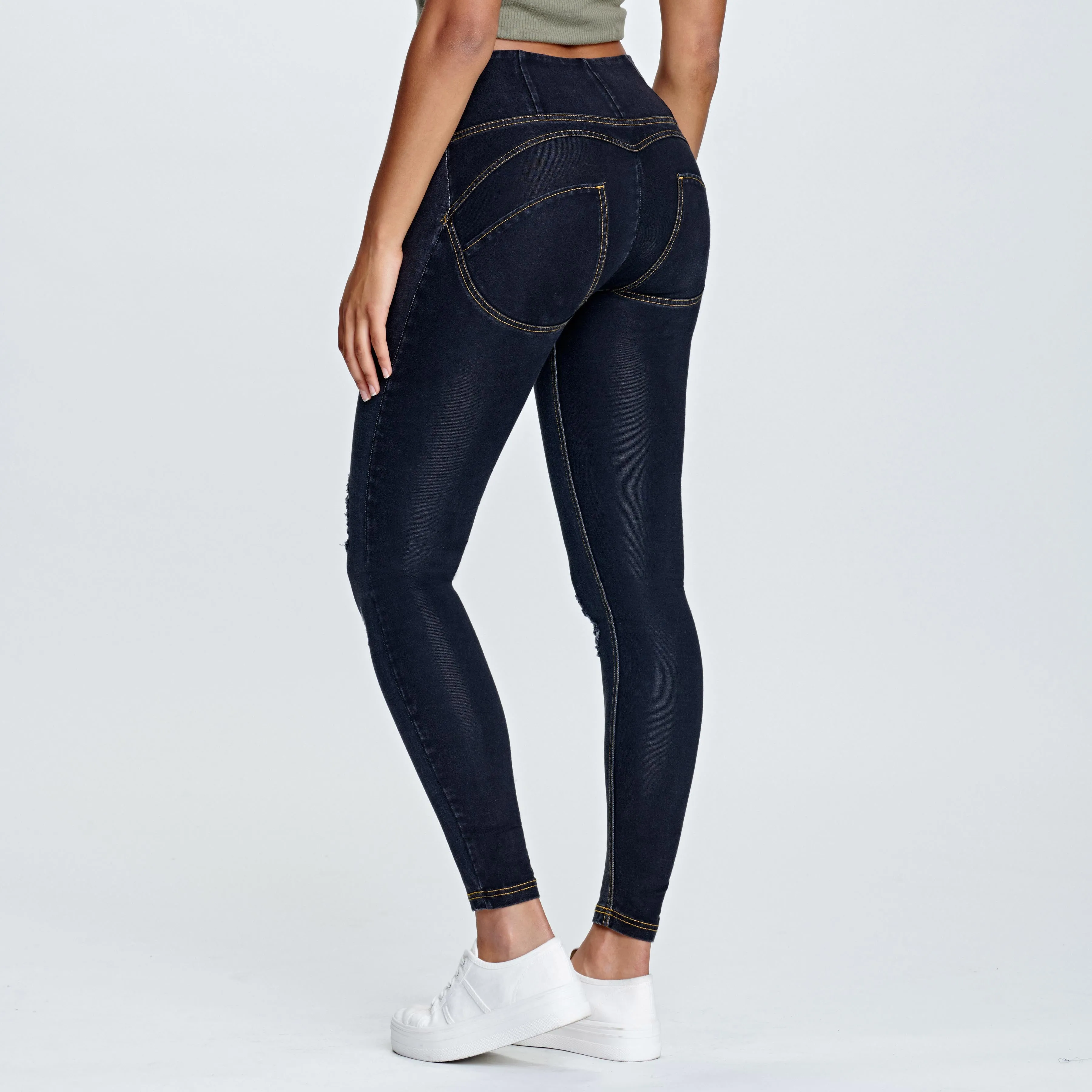 WR.UP® Distressed Denim - High Waist - Full Length - Black   Yellow Stitching